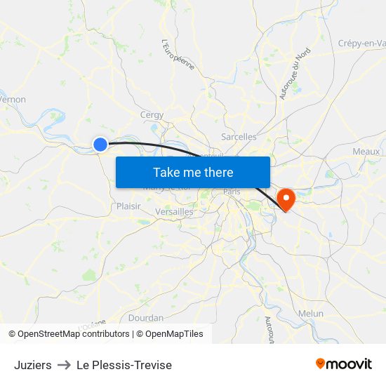 Juziers to Le Plessis-Trevise map