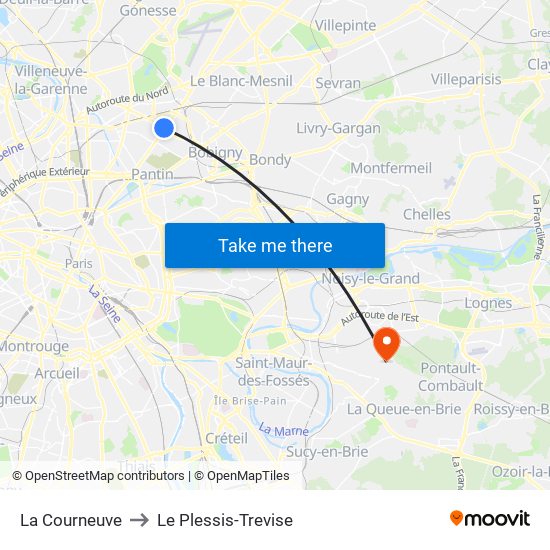 La Courneuve to Le Plessis-Trevise map