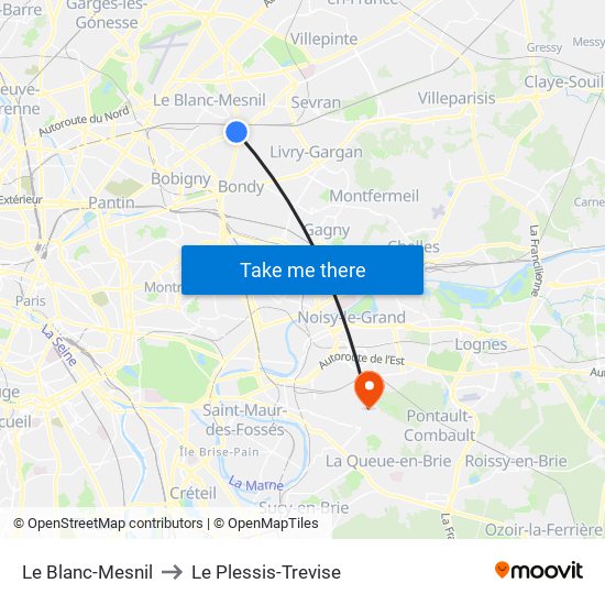 Le Blanc-Mesnil to Le Plessis-Trevise map