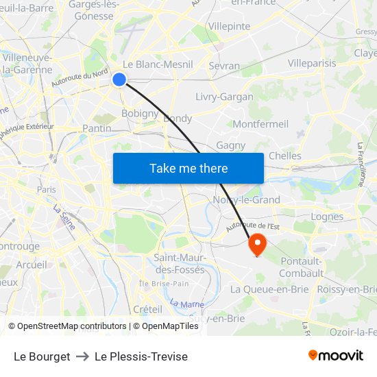 Le Bourget to Le Plessis-Trevise map