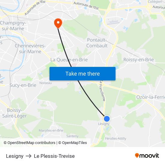 Lesigny to Le Plessis-Trevise map