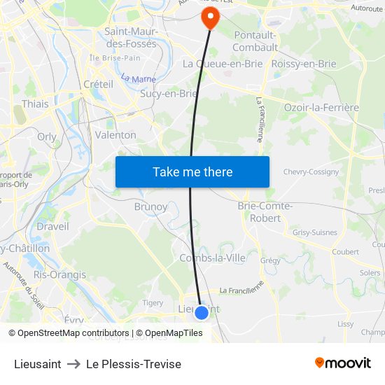Lieusaint to Le Plessis-Trevise map
