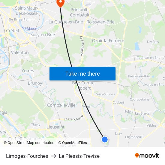 Limoges-Fourches to Le Plessis-Trevise map