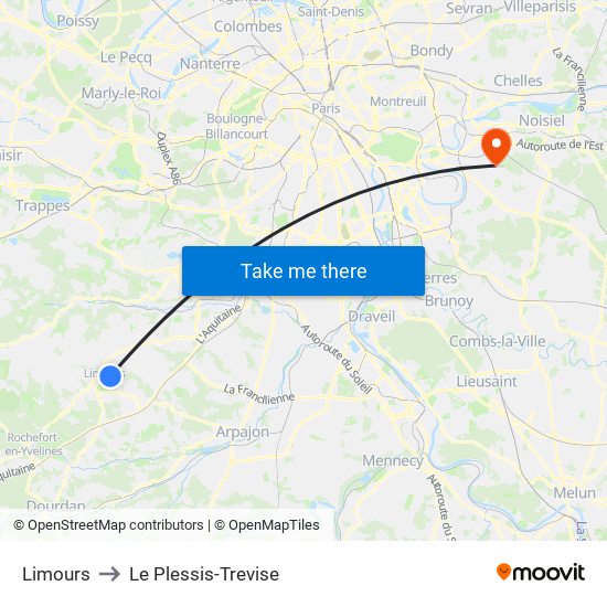 Limours to Le Plessis-Trevise map