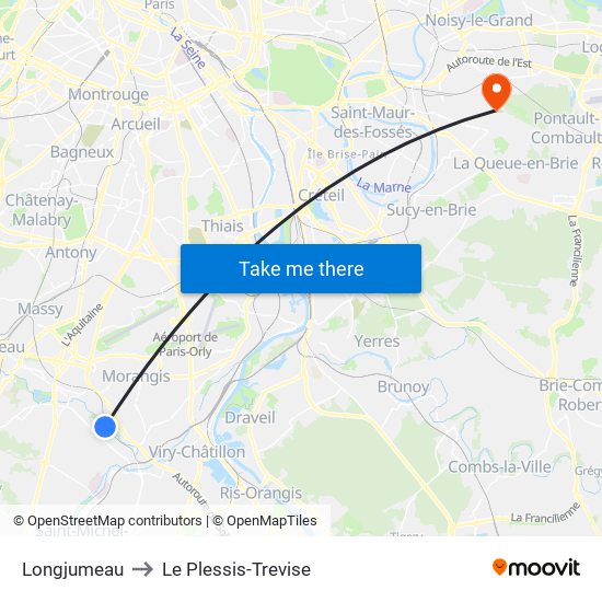 Longjumeau to Le Plessis-Trevise map