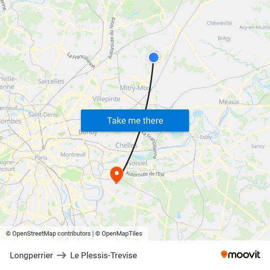 Longperrier to Le Plessis-Trevise map
