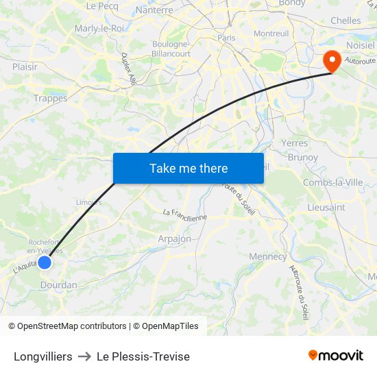 Longvilliers to Le Plessis-Trevise map