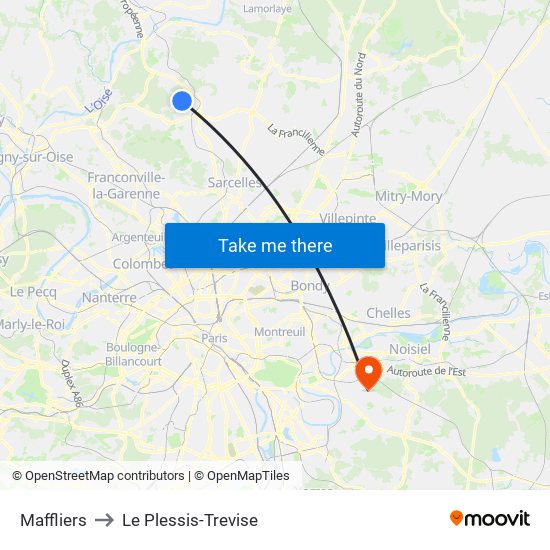 Maffliers to Le Plessis-Trevise map