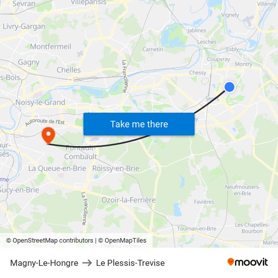 Magny-Le-Hongre to Le Plessis-Trevise map