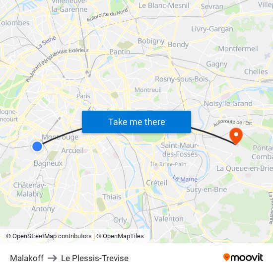 Malakoff to Le Plessis-Trevise map