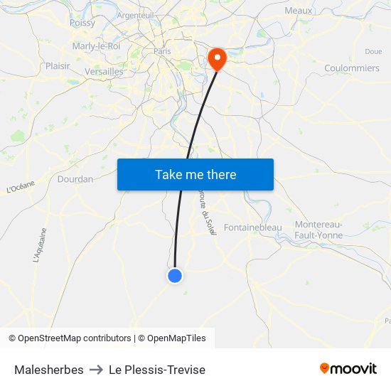 Malesherbes to Le Plessis-Trevise map