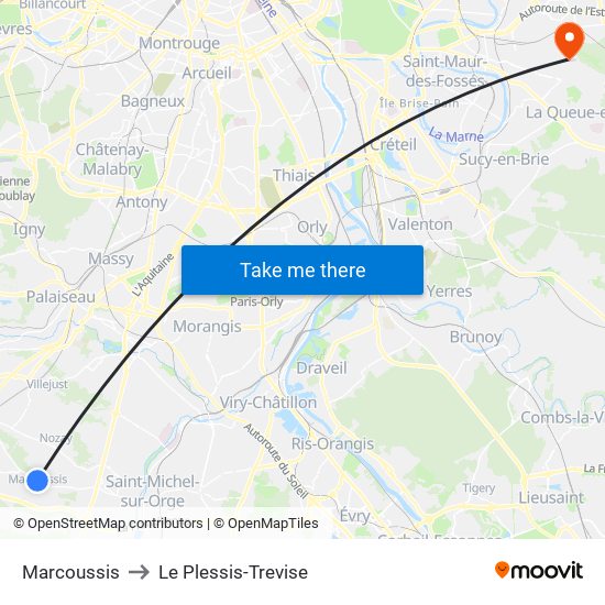 Marcoussis to Le Plessis-Trevise map