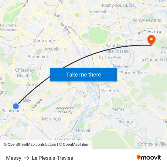 Massy to Le Plessis-Trevise map