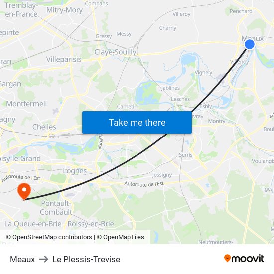 Meaux to Le Plessis-Trevise map