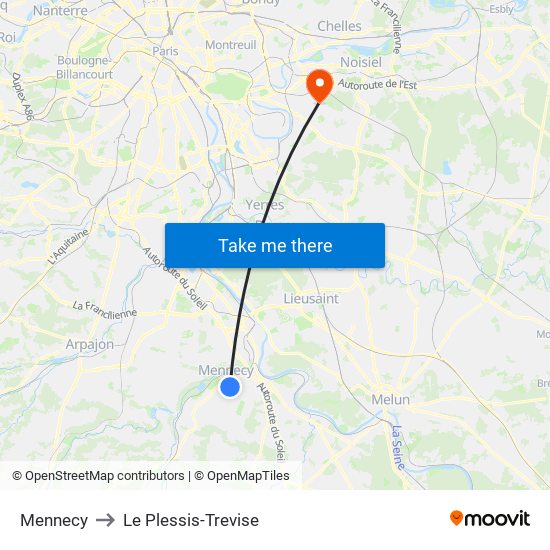 Mennecy to Le Plessis-Trevise map