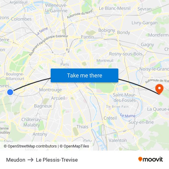 Meudon to Le Plessis-Trevise map