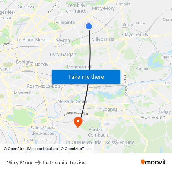 Mitry-Mory to Le Plessis-Trevise map