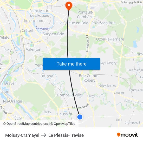 Moissy-Cramayel to Le Plessis-Trevise map