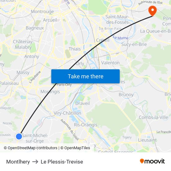Montlhery to Le Plessis-Trevise map
