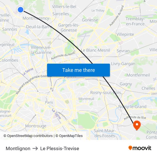 Montlignon to Le Plessis-Trevise map