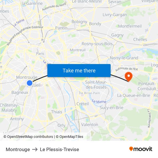 Montrouge to Le Plessis-Trevise map