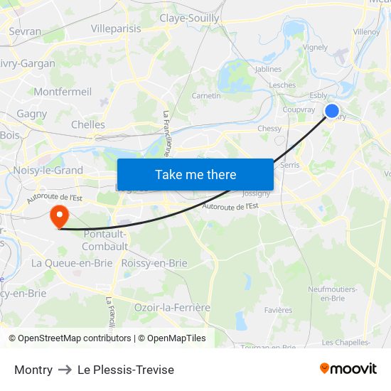 Montry to Le Plessis-Trevise map