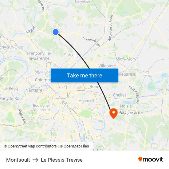 Montsoult to Le Plessis-Trevise map