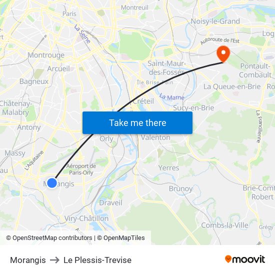 Morangis to Le Plessis-Trevise map