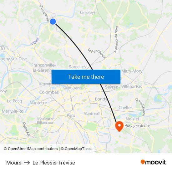 Mours to Le Plessis-Trevise map