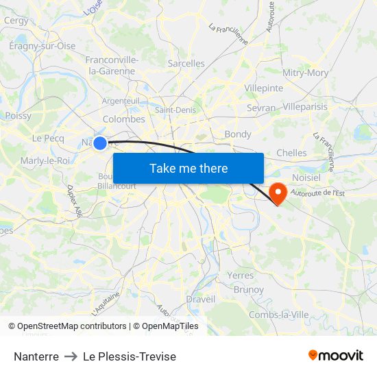 Nanterre to Le Plessis-Trevise map