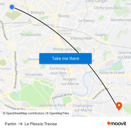 Pantin to Le Plessis-Trevise map
