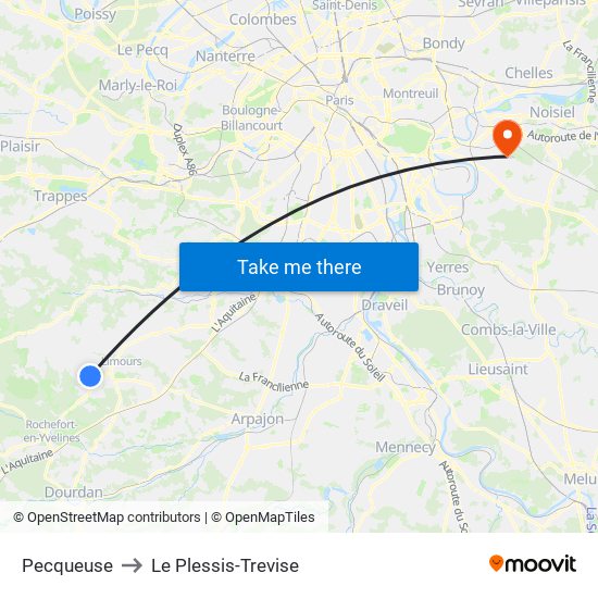 Pecqueuse to Le Plessis-Trevise map