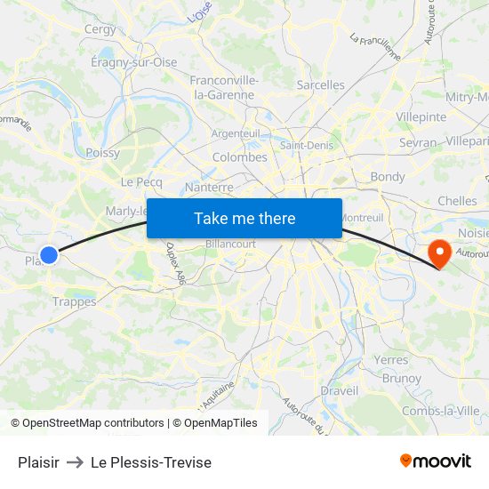 Plaisir to Le Plessis-Trevise map