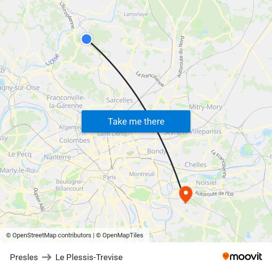 Presles to Le Plessis-Trevise map