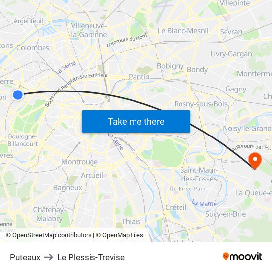 Puteaux to Le Plessis-Trevise map