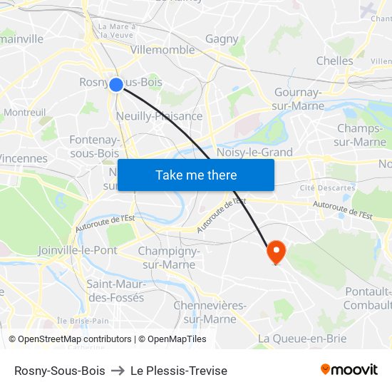 Rosny-Sous-Bois to Le Plessis-Trevise map