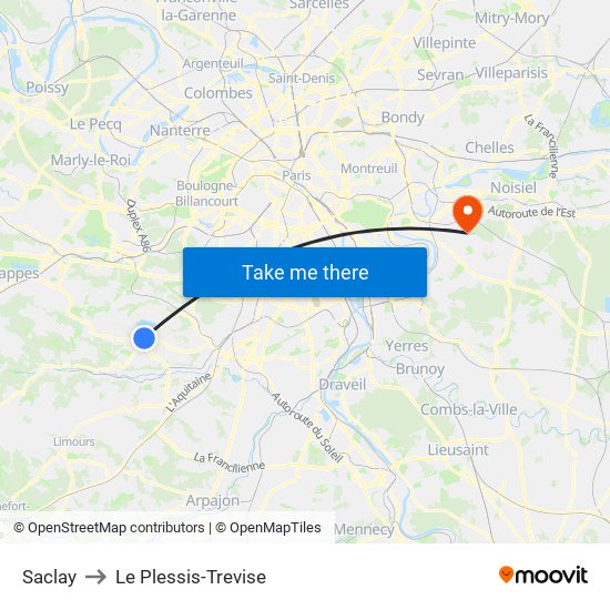 Saclay to Le Plessis-Trevise map