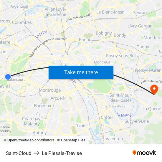 Saint-Cloud to Le Plessis-Trevise map