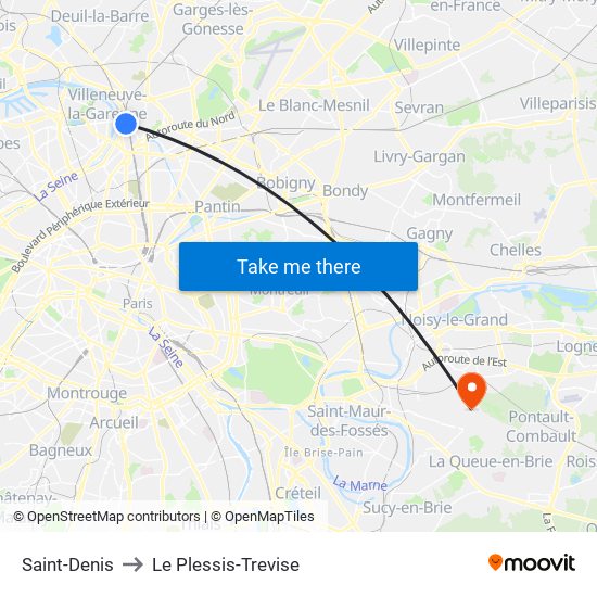 Saint-Denis to Le Plessis-Trevise map