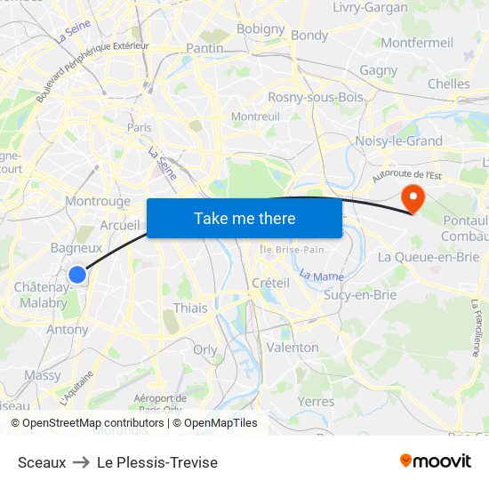 Sceaux to Le Plessis-Trevise map