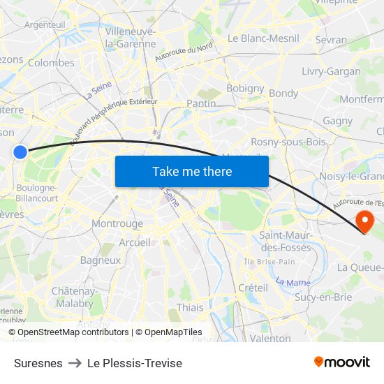 Suresnes to Le Plessis-Trevise map
