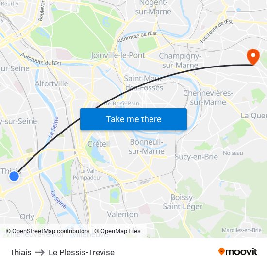 Thiais to Le Plessis-Trevise map