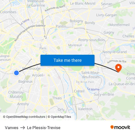 Vanves to Le Plessis-Trevise map