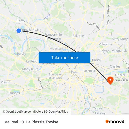 Vaureal to Le Plessis-Trevise map