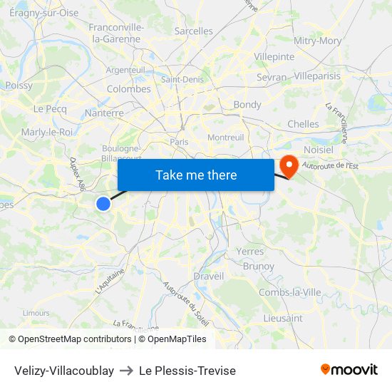Velizy-Villacoublay to Le Plessis-Trevise map
