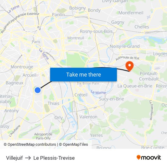 Villejuif to Le Plessis-Trevise map