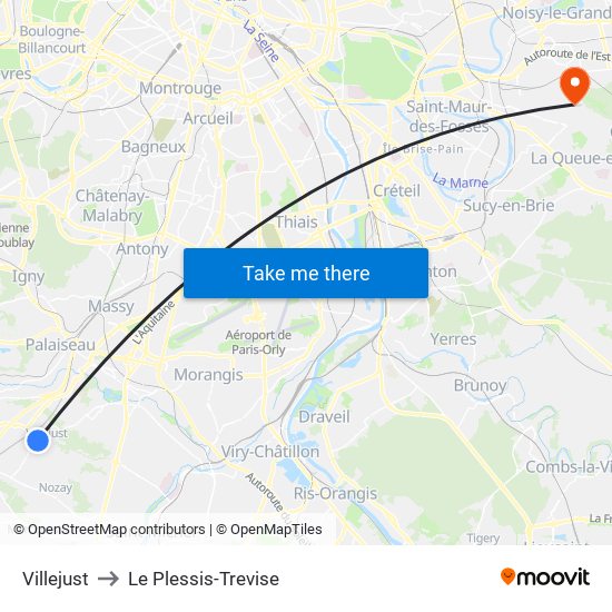 Villejust to Le Plessis-Trevise map