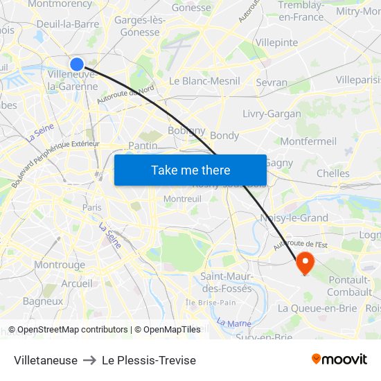 Villetaneuse to Le Plessis-Trevise map