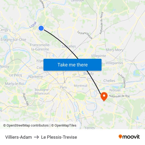 Villiers-Adam to Le Plessis-Trevise map