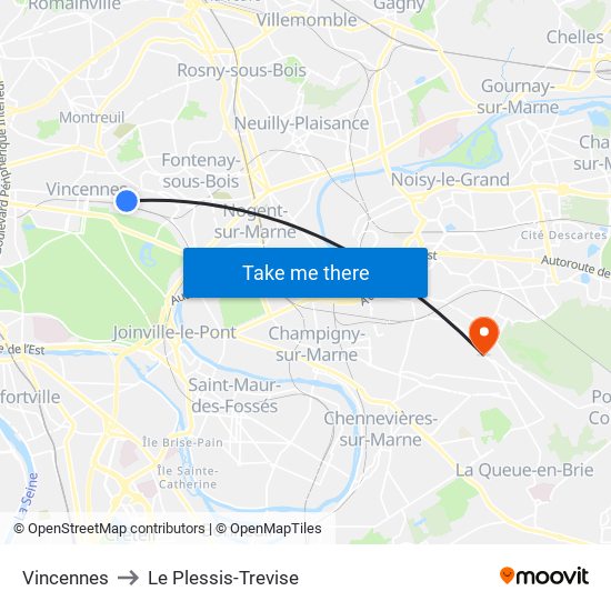Vincennes to Le Plessis-Trevise map